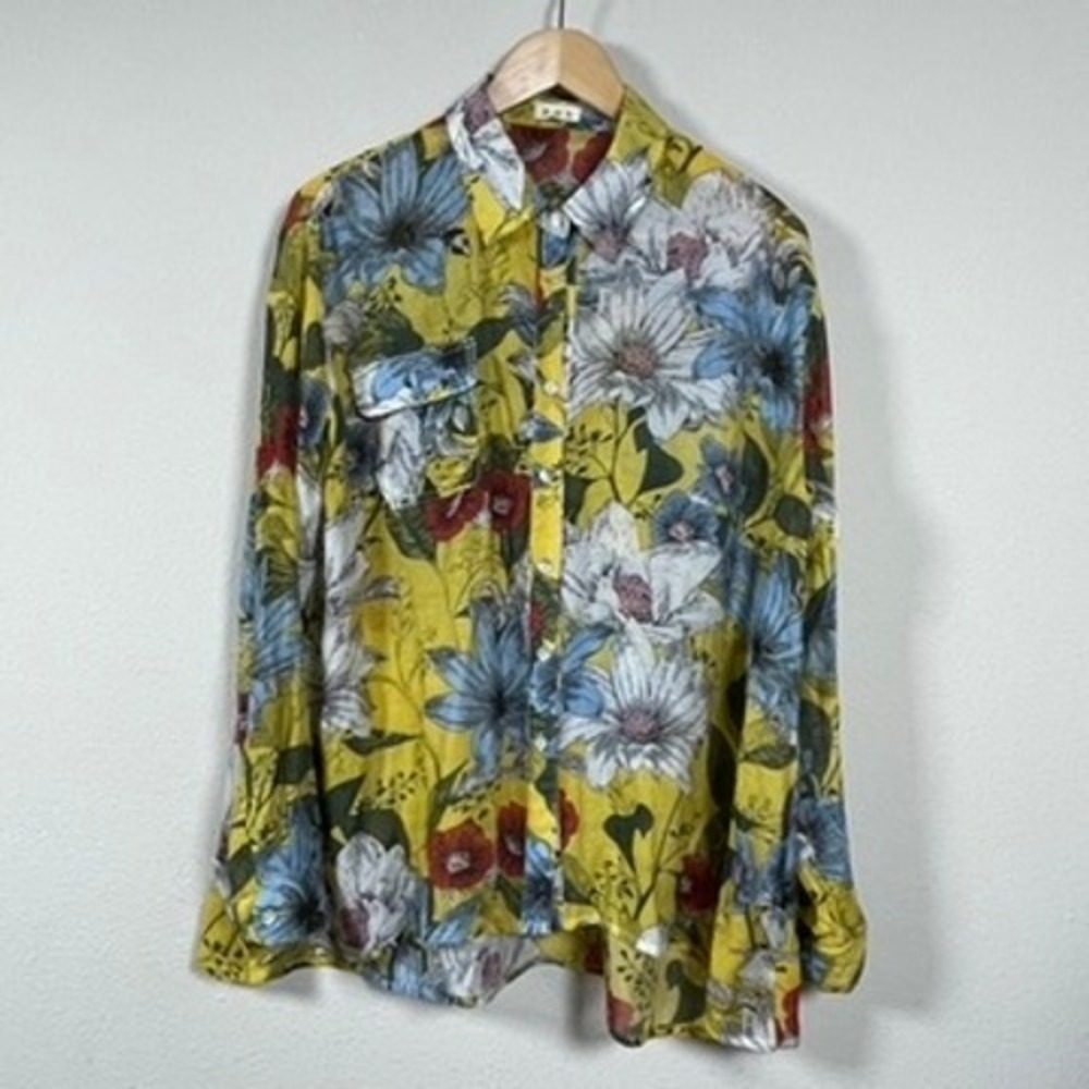 POL Floral Button Down Shirt Womens M Yellow Blue High Low Cotton Fairycore